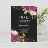 Roze bloemen zwarte 90th Birthday Party Kaart (Staand voorkant)