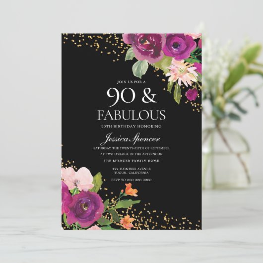 Roze bloemen zwarte 90th Birthday Party Kaart (Staand voorkant)