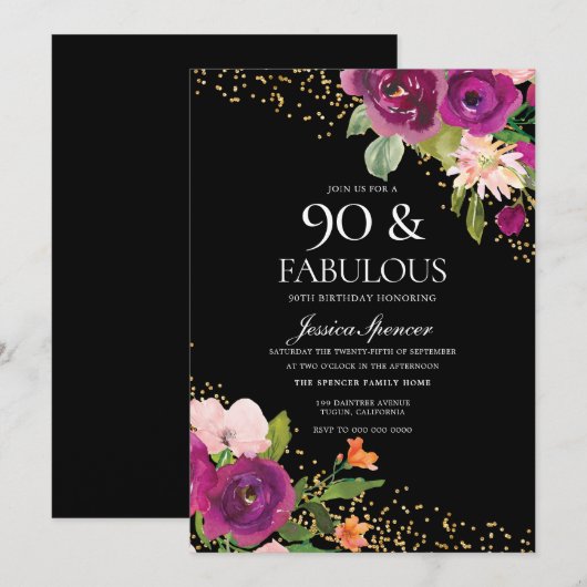 Roze bloemen zwarte 90th Birthday Party Kaart (Voorkant / Achterkant)