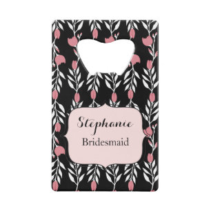 Roze bloemen zwarte achtergrond Bruidsmeisje gunst Creditkaart Flessenopener