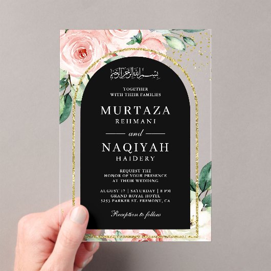 Roze Bloemen Zwarte Boog Moslim Huwelijk Acryl Uitnodigingen (Insitu (Draagbaar))
