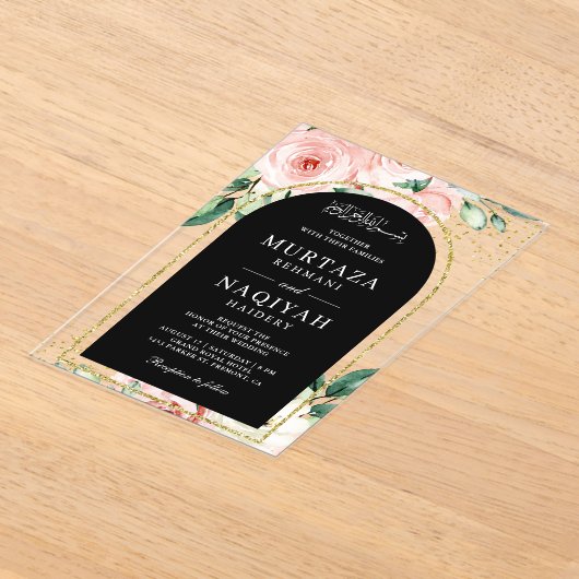 Roze Bloemen Zwarte Boog Moslim Huwelijk Acryl Uitnodigingen (Laagn)