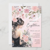 Roze Bloemen Zwarte jurk 18e verjaardag Uitnodigin Kaart (Voorkant)