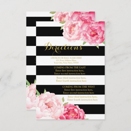 Roze Bloemen Zwarte Streep Bruiloft Richting Invoe Informatiekaartje (Voorkant / Achterkant)