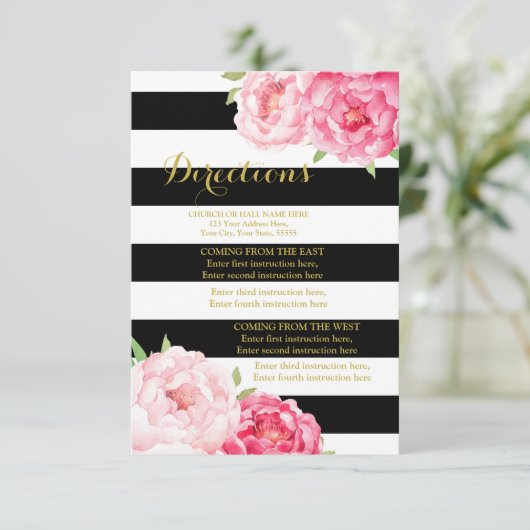 Roze Bloemen Zwarte Streep Bruiloft Richting Invoe Informatiekaartje (Staand voorkant)