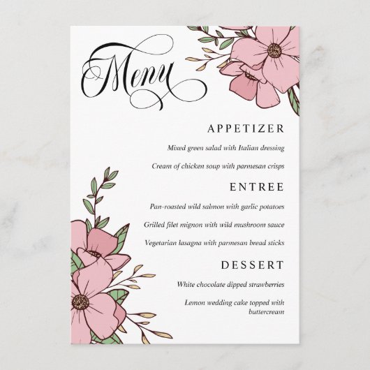 roze bloemen Zwirly Script Weddenschap Menu (Voorkant)