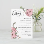roze bloemen Zwirly Script Weddenschap Menu (Staand voorkant)