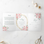 Roze Bloemenaquarel Gouden Lijst Foto Bruiloft Drieluik Uitnodiging (Binnen)
