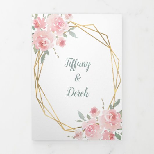 Roze Bloemenaquarel Gouden Lijst Foto Bruiloft Drieluik Uitnodiging (Cover)