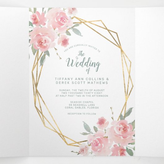 Roze Bloemenaquarel Gouden Lijst Foto Bruiloft Drieluik Uitnodiging (Binnenkant midden)