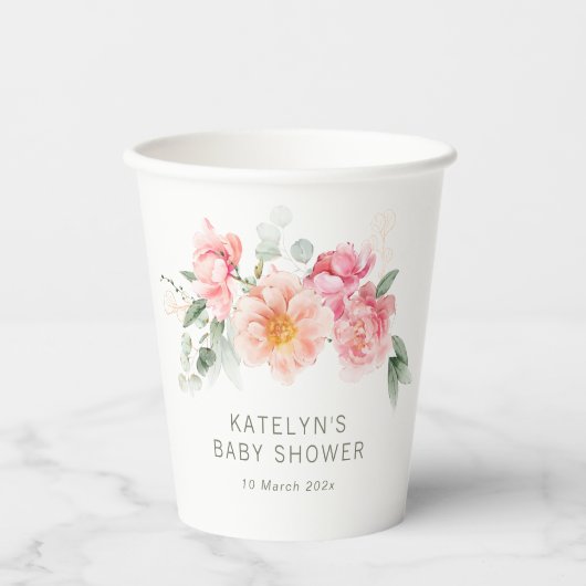 Roze bloemenbaby shower papieren bekers (Voorkant)
