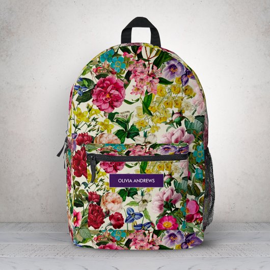  roze bloemenbeige patroonmonogram bedrukte rugzak