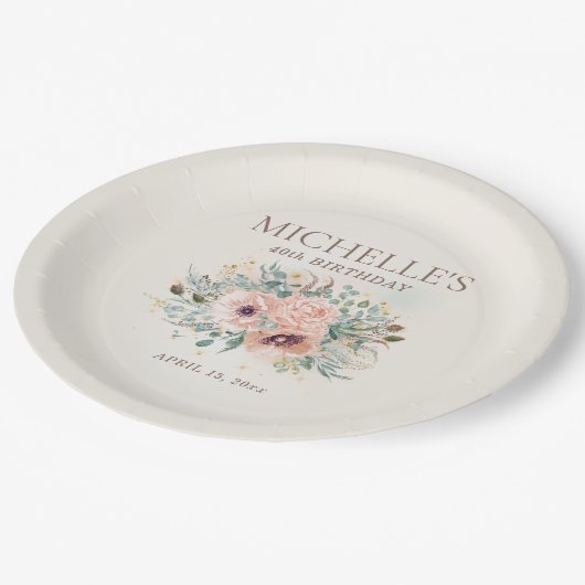 Roze Bloemenblad Glitter 40e verjaardag Papieren Bordje (Gekanteld)