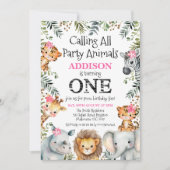 Roze Bloemenblad Safari Eerste Verjaardag Kaart (Voorkant)