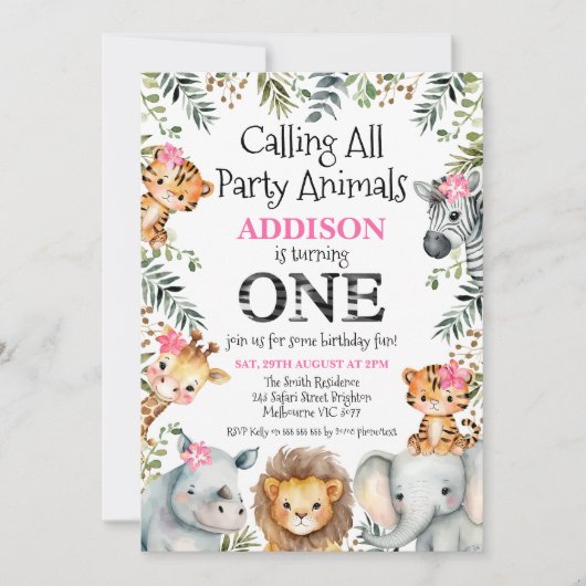 Roze Bloemenblad Safari Eerste Verjaardag Kaart (Voorkant)