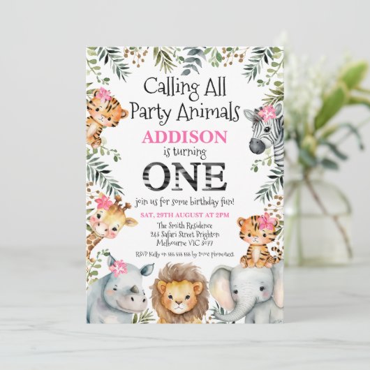 Roze Bloemenblad Safari Eerste Verjaardag Kaart (Staand voorkant)