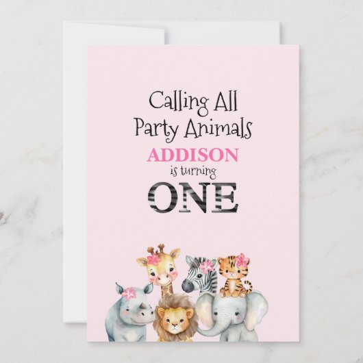 Roze Bloemenblad Safari Eerste Verjaardag Kaart (Achterkant)