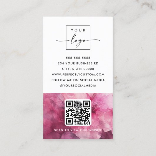 Roze bloemenbloem waterverf bloembloem logo QR cod Visitekaartje (Achterkant)