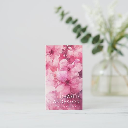 Roze bloemenbloem waterverf bloembloem logo QR cod Visitekaartje (Staand voorkant)