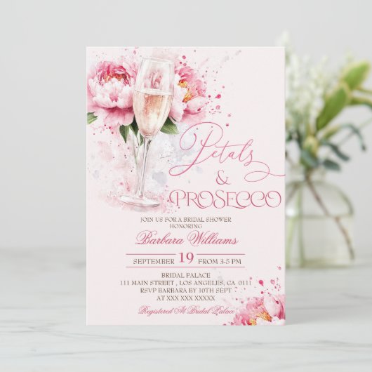 Roze bloemenbloemblaadjes & Prosecco Vrijgezellenf Kaart (Staand voorkant)