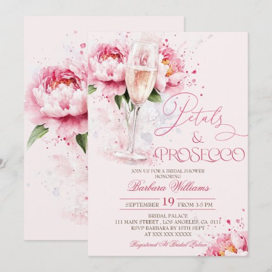 Roze bloemenbloemblaadjes & Prosecco Vrijgezellenf Kaart (Voorkant / Achterkant)