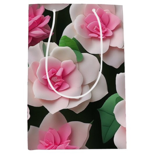 roze bloemenboho groen patroon medium cadeauzakje (Voorkant)