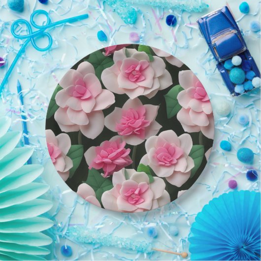  roze bloemenboho groen patroon papieren bordje (Feest)