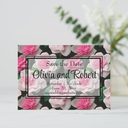 roze bloemenboho groen patroon save the date (Staand voorkant)