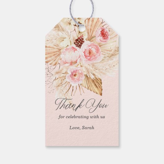 Roze bloemenboho pampas gras baby meisje douche cadeaulabel (Achterkant)