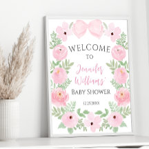 Roze bloemenboog baby shower welkomstbord poster