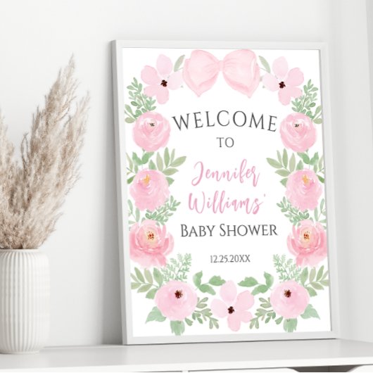 Roze bloemenboog baby shower welkomstbord poster