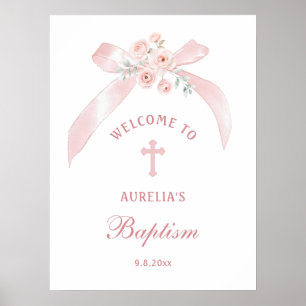 Roze bloemenboog doop welkom poster
