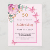 Roze bloemenboog vlinders Verjaardag uitnodiging (Voorkant)