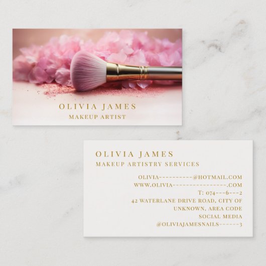 Roze Bloemenborstel Make-up Artiest Schoonheidssal Visitekaartje (Voorkant / Achterkant)