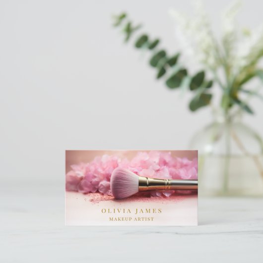 Roze Bloemenborstel Make-up Artiest Schoonheidssal Visitekaartje (Staand voorkant)