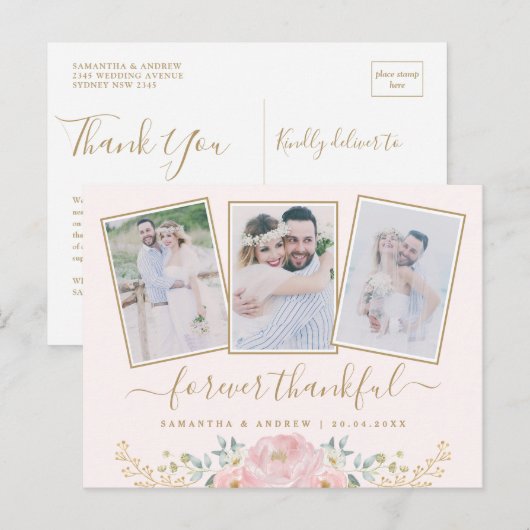 Roze Bloemenbruiloft foto collage dank u kaart (Voorkant / Achterkant)
