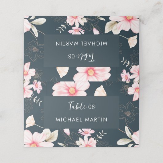  roze bloemenbruiloft tafel blauw plaatskaartje (Buitenkant ongevouwen)