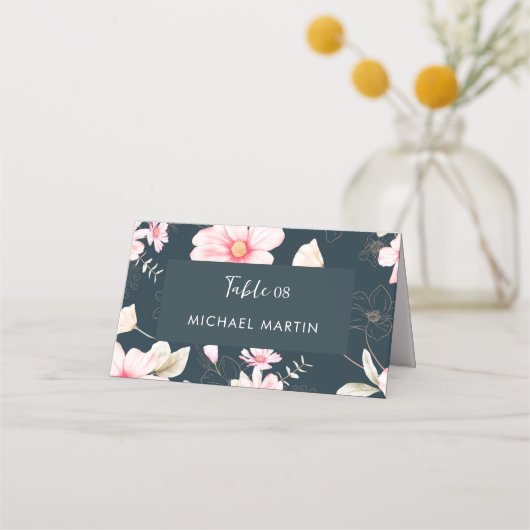 roze bloemenbruiloft tafel blauw plaatskaartje (Voorkant)