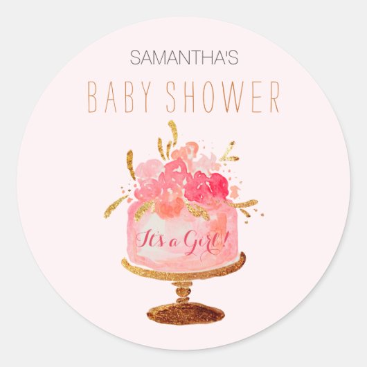 Roze Bloemencake Het is een Meisje Baby shower Sti Ronde Sticker (Voorkant)