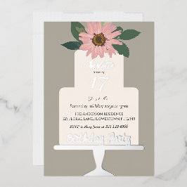 Roze bloemencake verjaardagsfeest zilver  folie uitnodiging