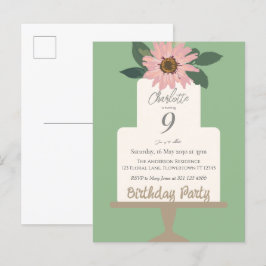 Roze bloemencake verjaardagsfeestje  briefkaart