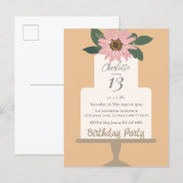 Roze bloemencake verjaardagsfeestje  briefkaart