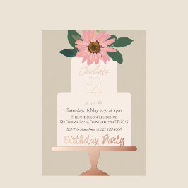 Roze Bloemencake Verjaardagsfeestje Zilver Folie Uitnodiging