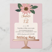 Roze Bloemencake Verjaardagsfeestje Zilver Folie Uitnodiging (Voorkant)