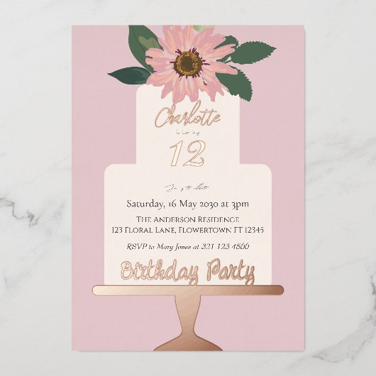 Roze Bloemencake Verjaardagsfeestje Zilver Folie Uitnodiging (Voorkant)