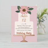 Roze Bloemencake Verjaardagsfeestje Zilver Folie Uitnodiging (Staand Voorkant)