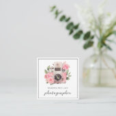 Roze Bloemencamera Foto QR Code Fotograaf Vierkante Visitekaartje (Staand voorkant)