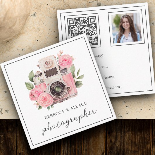 Roze Bloemencamera Foto QR Code Fotograaf Vierkante Visitekaartje
