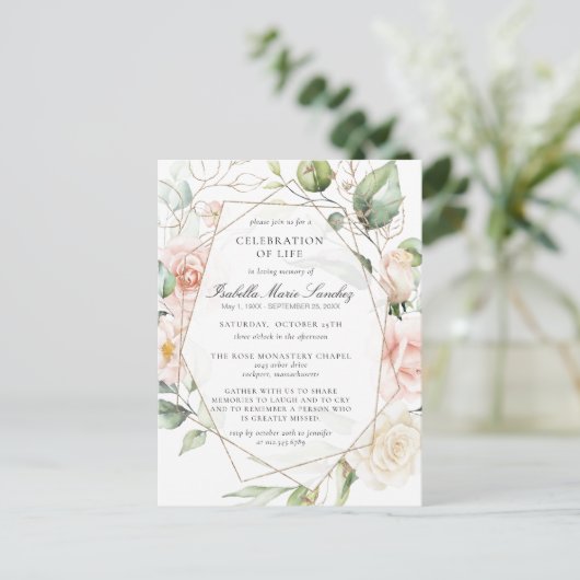 Roze bloemencélébratie van het levensbegrafenis briefkaart (Staand voorkant)