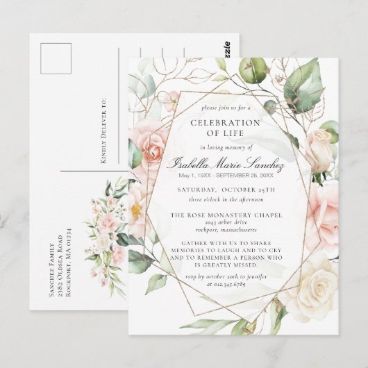 Roze bloemencélébratie van het levensbegrafenis briefkaart (Voorkant / Achterkant)